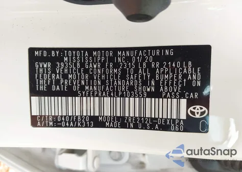 2020 Toyota Corolla Le from USA, damaged, VIN 5YFEPRAE4LP103559